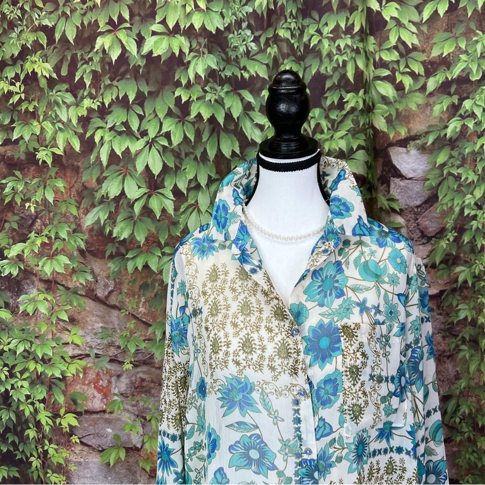 ROSE + OLIVE Blue and White Floral Boho Chiffon Longline Tunic/Dress, M - Picture 6 of 14